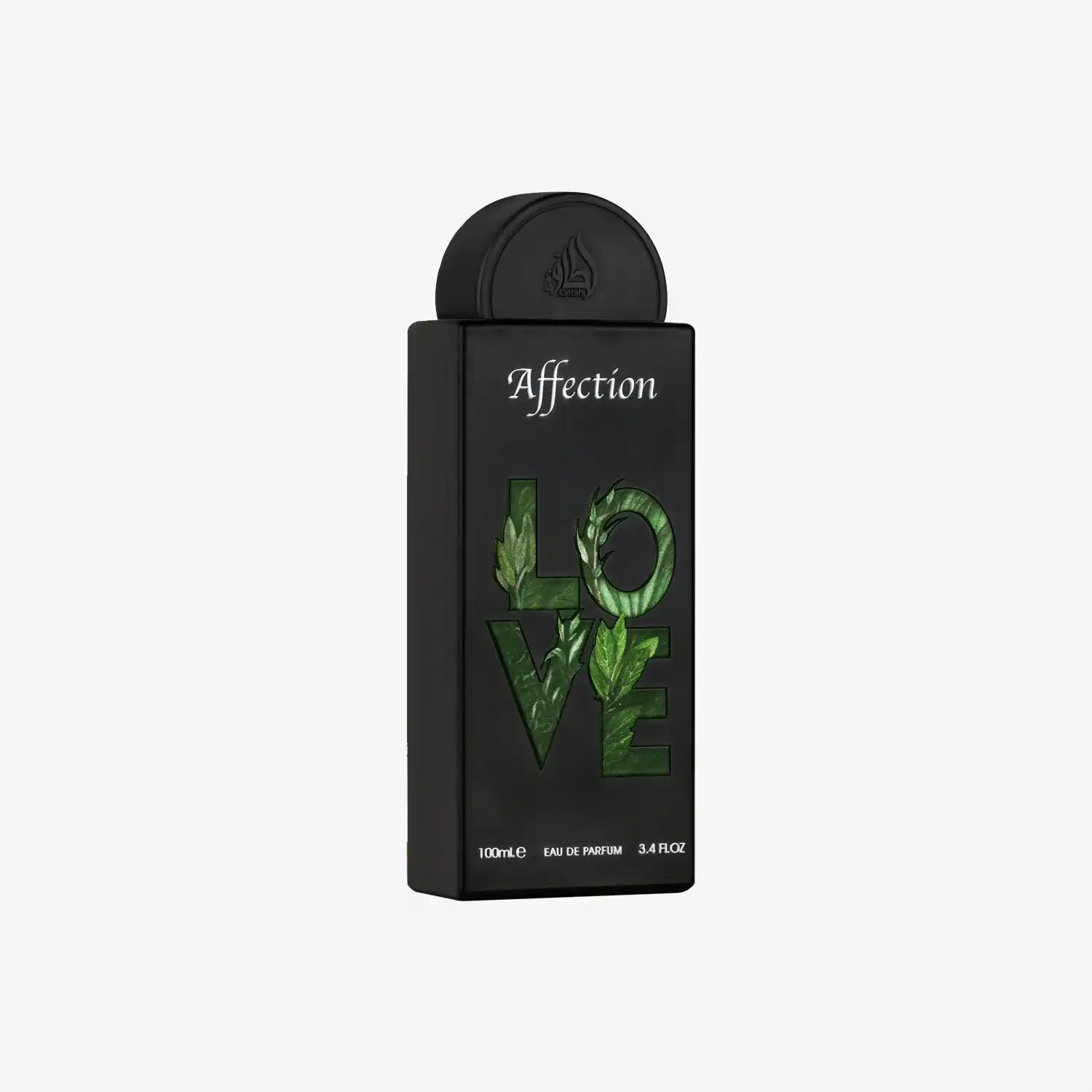 Affection Eau de Parfum bottle, black with green leafy LOVE design, 100ml