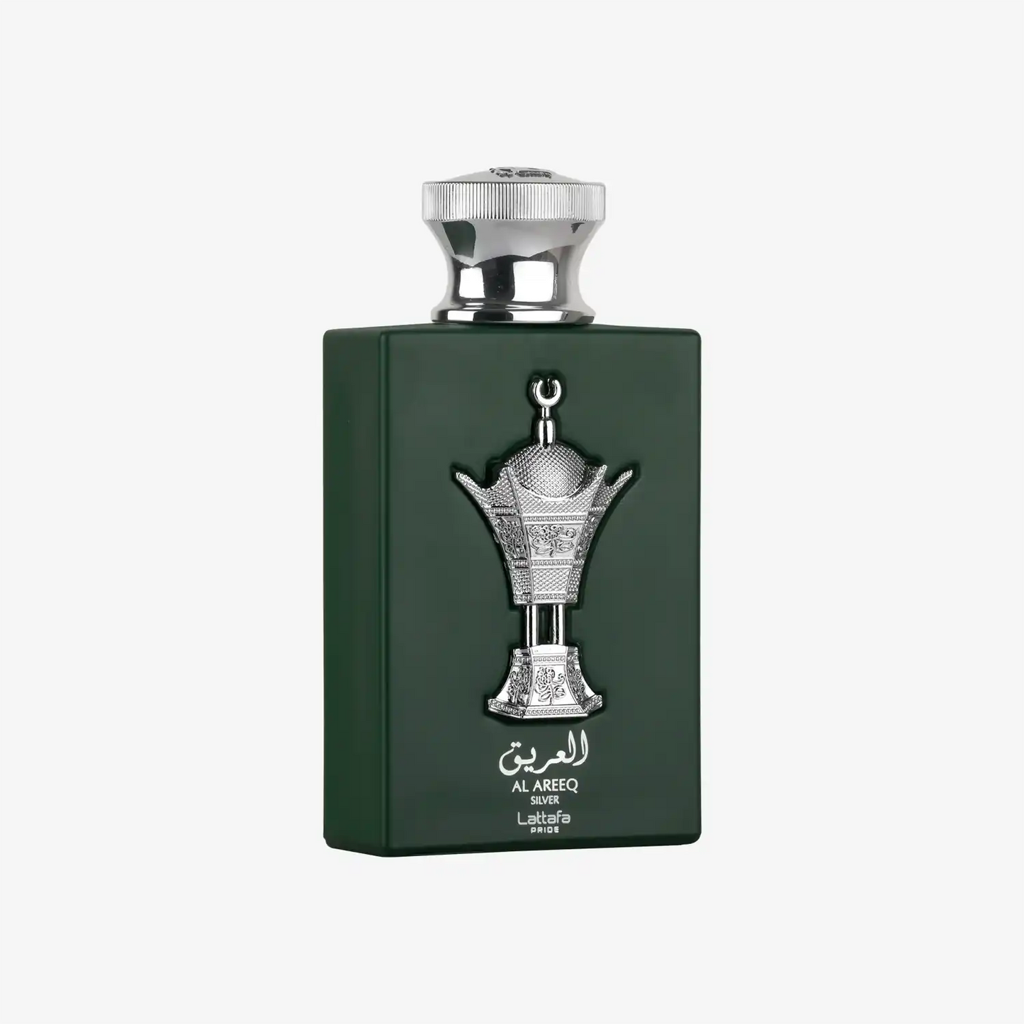 Green Al Areeq Silver Lattafa perfume bottle with silver Middle Eastern decorative emblem