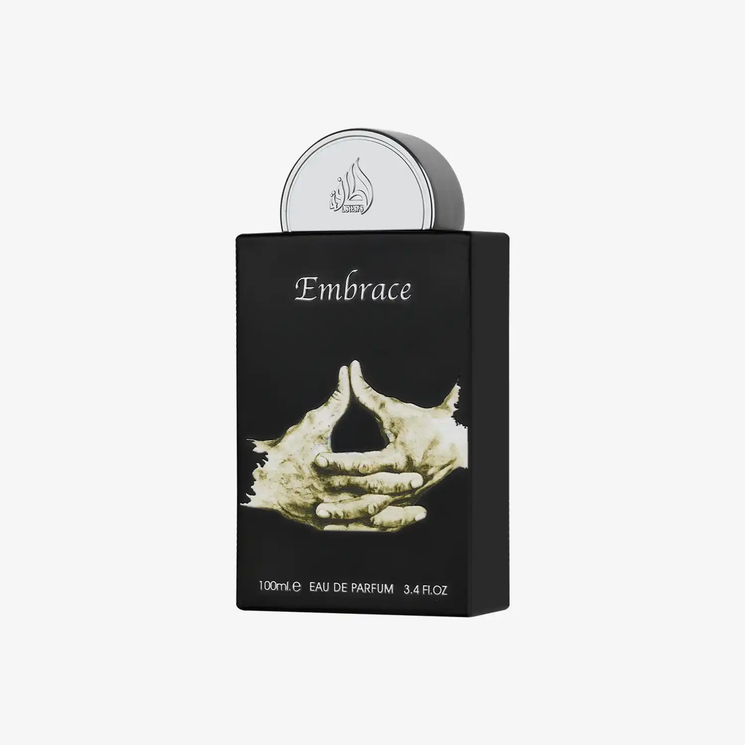 Black Embrace perfume bottle with artistic hand design and Arabic calligraphy on cap