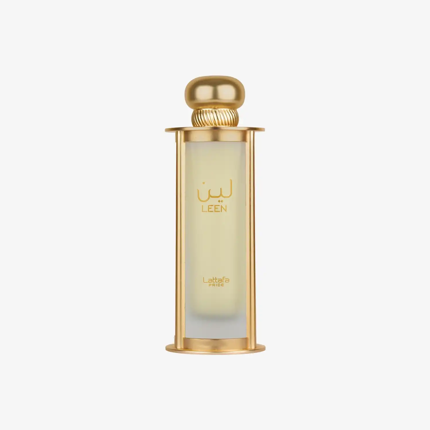 Elegant gold and glass bottle of Middle Eastern perfume labeled Leen and Lattafa Pride