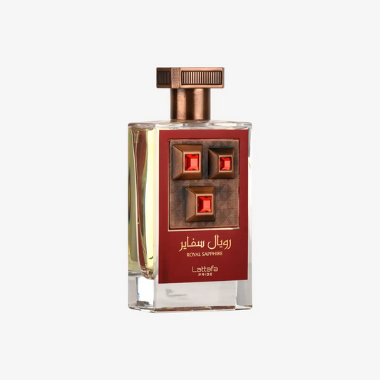 Lattafa Pride Royal Sapphire perfume bottle with red geometric design and gold cap