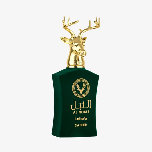 Green Al Noble Safeer perfume bottle with gold deer head cap and Arabic script