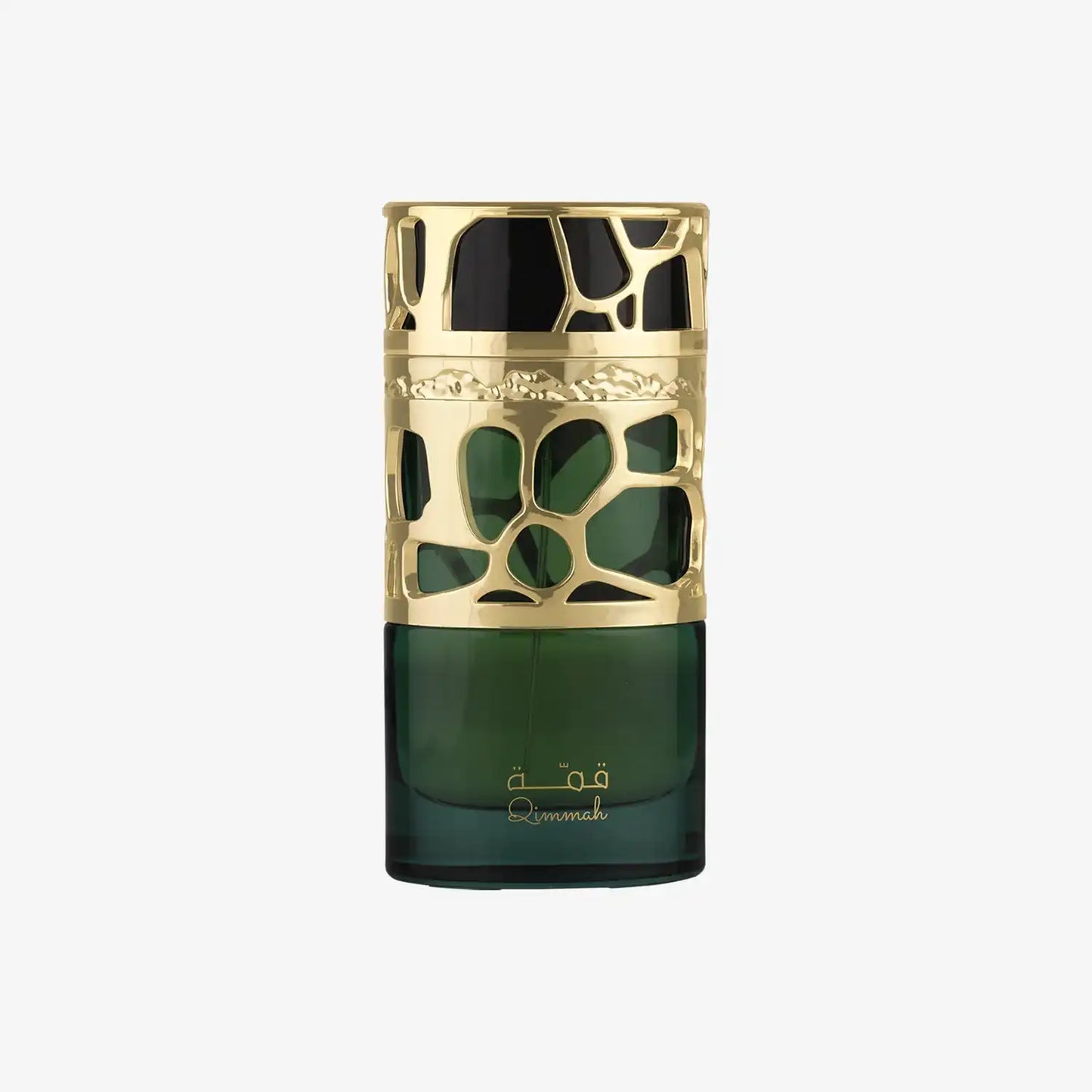 Elegant green and gold Middle Eastern perfume bottle with Arabic script and decorative patterns