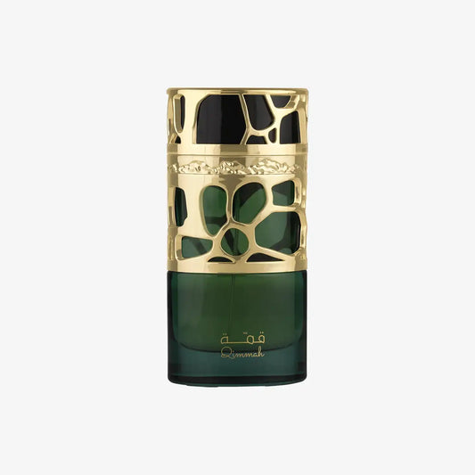 Elegant green and gold Middle Eastern perfume bottle with Arabic script and decorative patterns