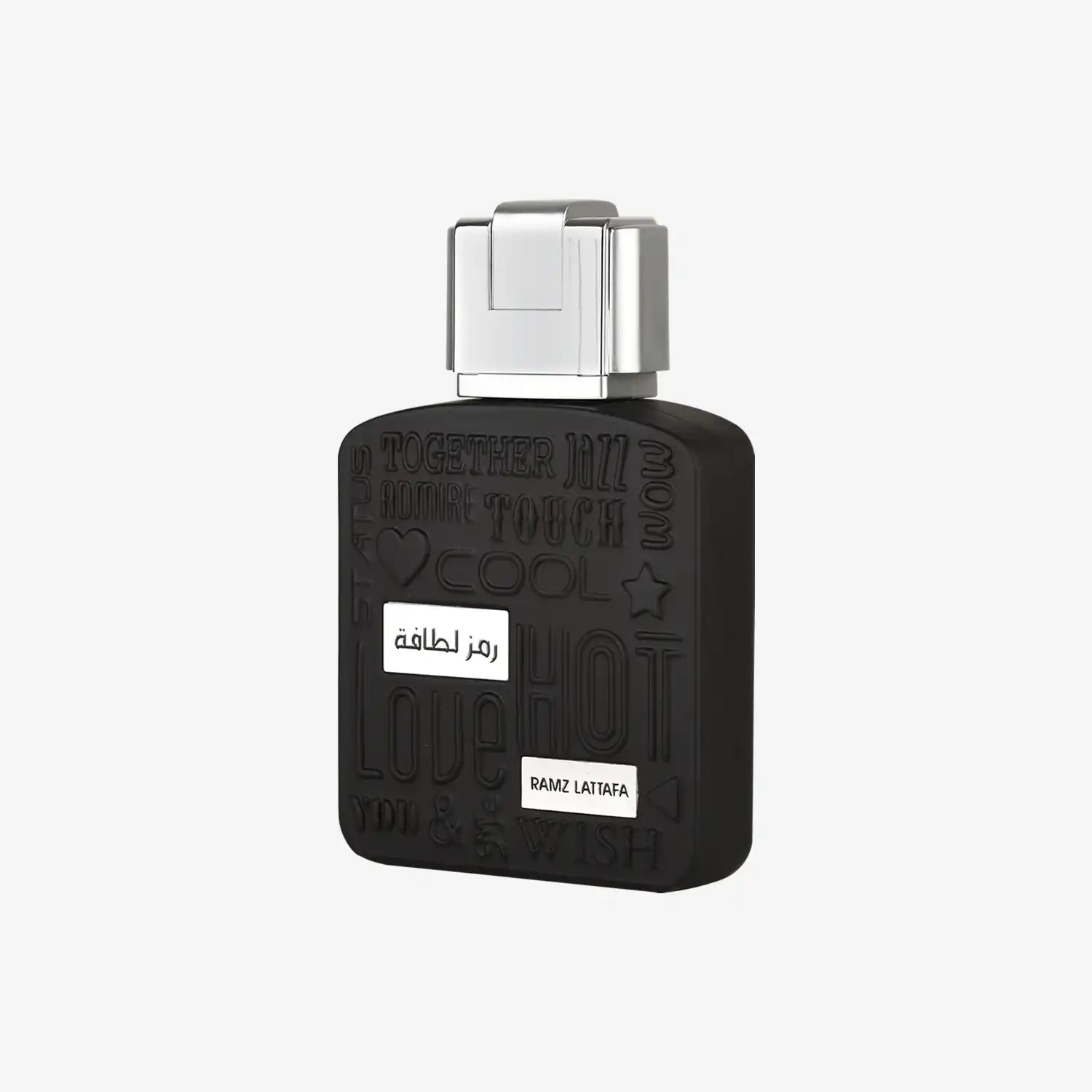 Black Ramz Lattafa perfume bottle with embossed English and Arabic text, silver cap