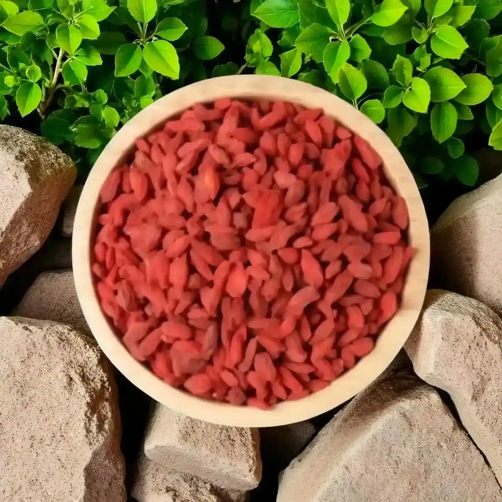 Bowl of dried red goji berries on rocks with green leaves background, Middle Eastern herbs