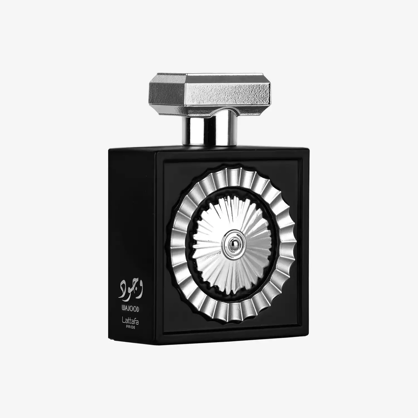Luxury Middle Eastern perfume bottle with silver geometric design and bold black packaging