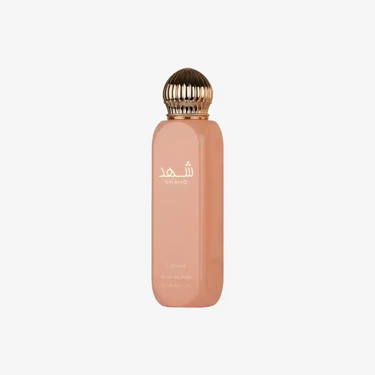 Lattafa Shahd all over spray in peach bottle with gold cap, Middle Eastern fragrance