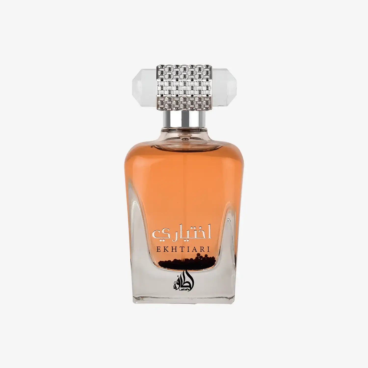 Middle Eastern perfume bottle with amber liquid, silver decorative cap, and Arabic text Ekhtiari