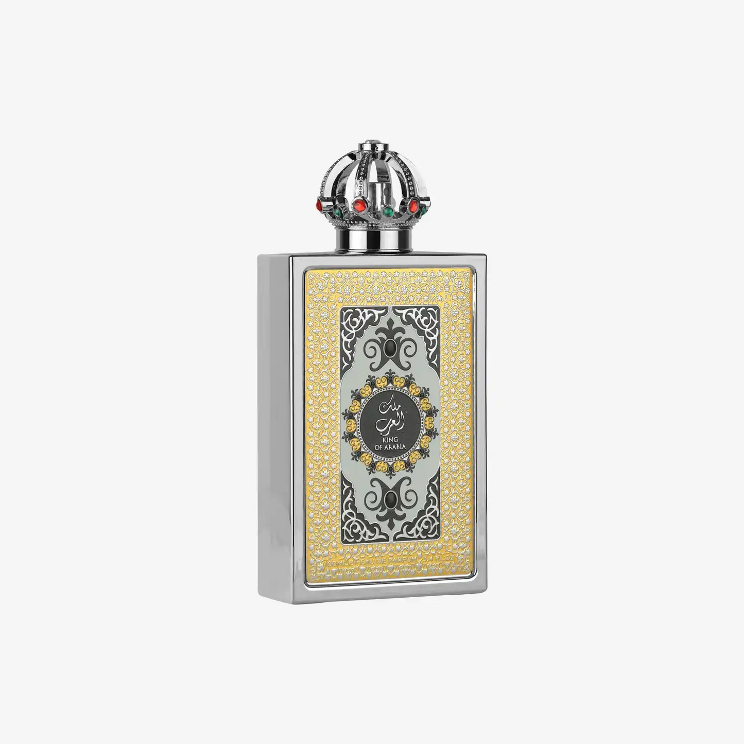 Luxury Middle Eastern perfume bottle with ornate gold pattern and crown-shaped cap