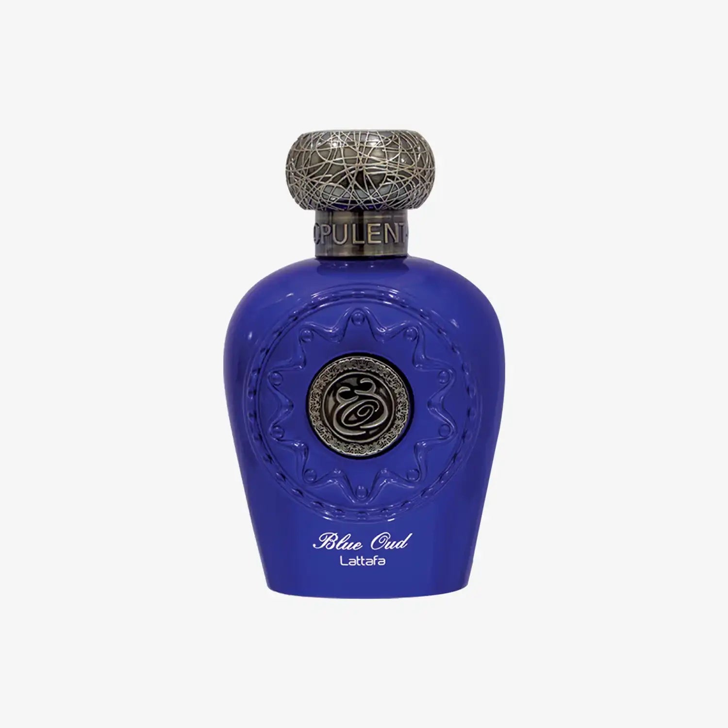 Blue Oud Lattafa perfume bottle with ornate silver cap on a white background