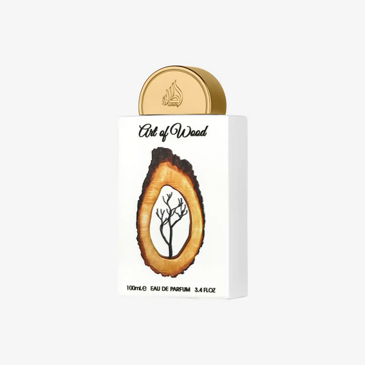 Art of Wood perfume bottle with gold cap, tree ring design, and 100ml Eau de Parfum text