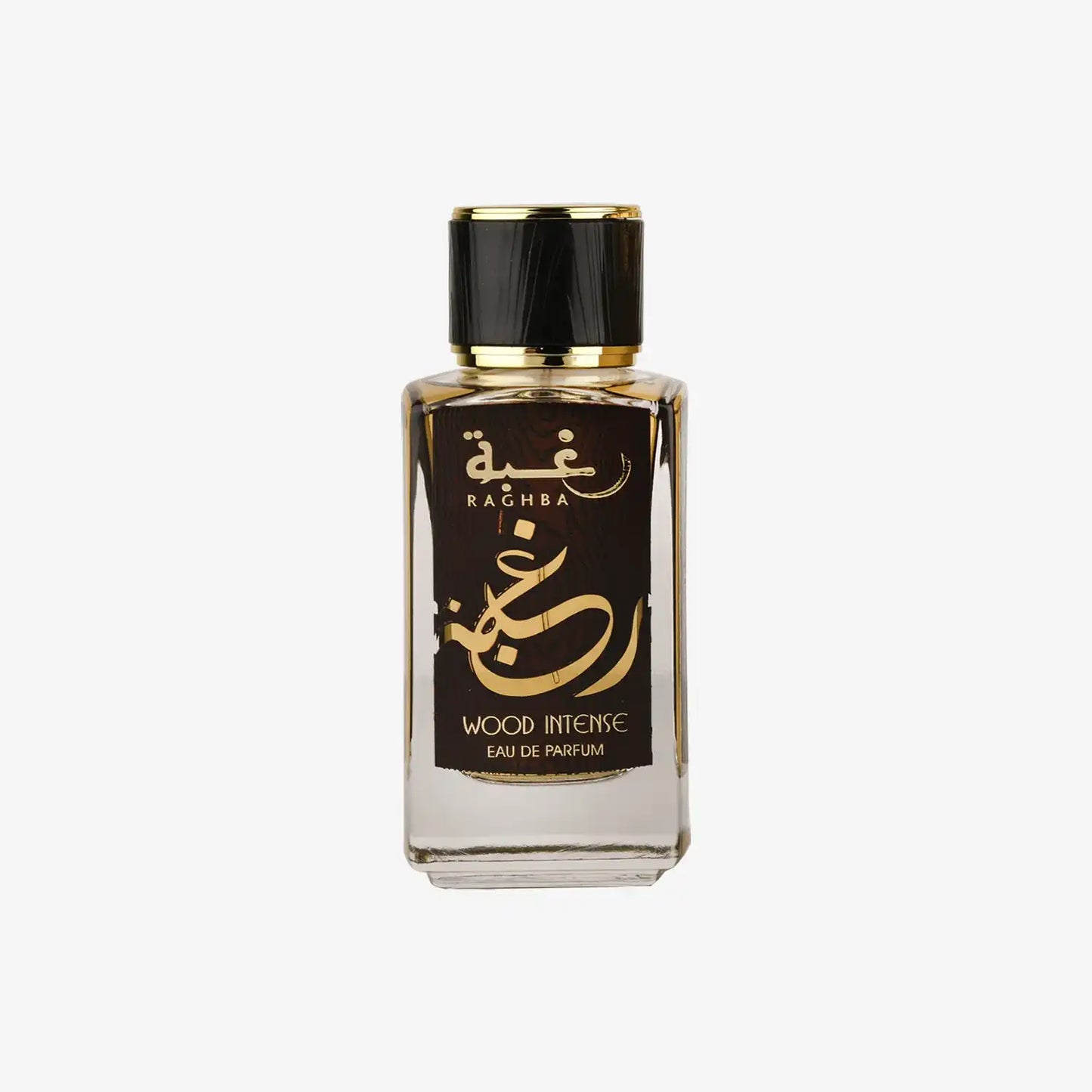 Raghba Wood Intense eau de parfum bottle with gold Arabic and English text