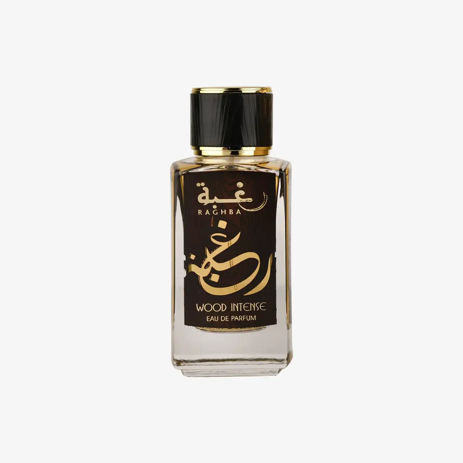 Raghba Wood Intense eau de parfum bottle with gold Arabic and English text