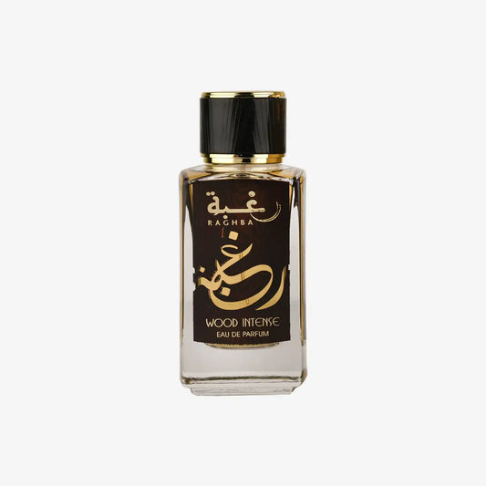 Raghba Wood Intense eau de parfum bottle with gold Arabic and English text