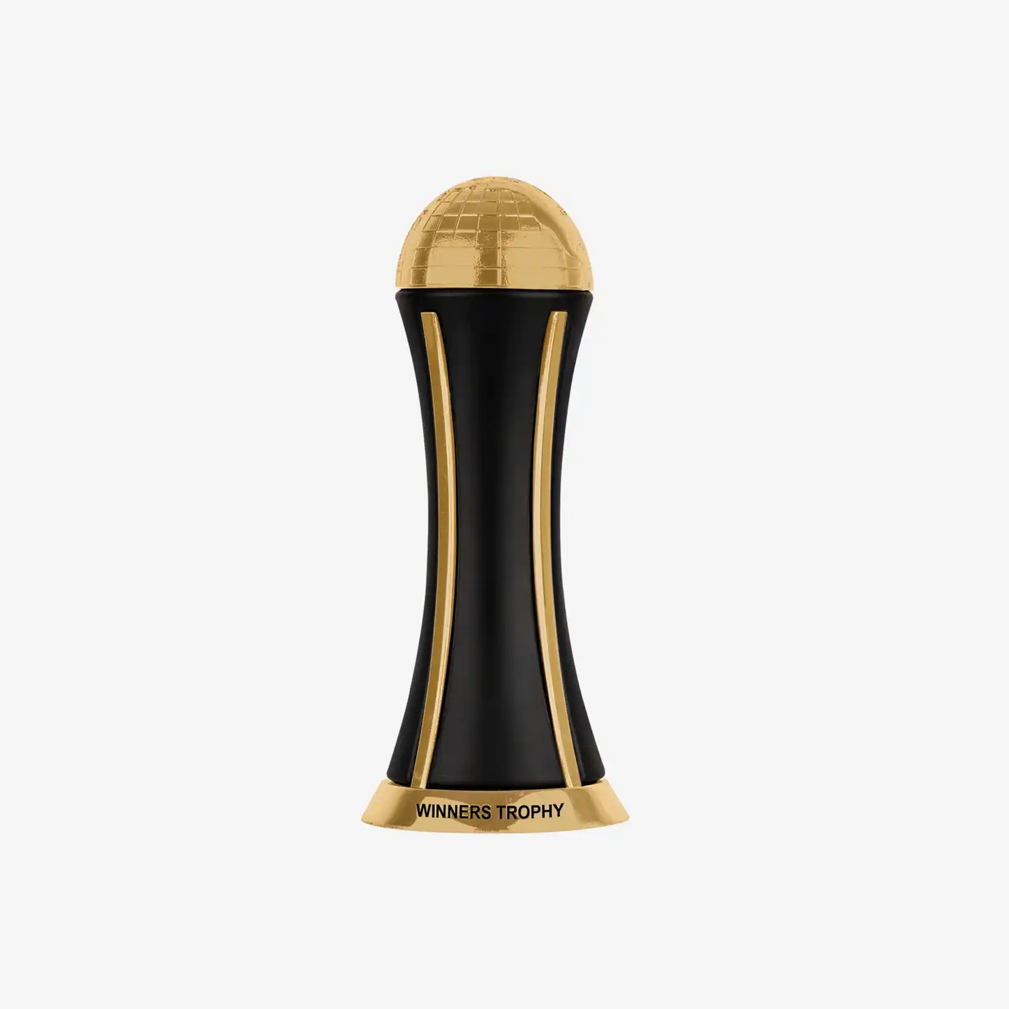 Black and gold winners trophy with globe-shaped top on white background