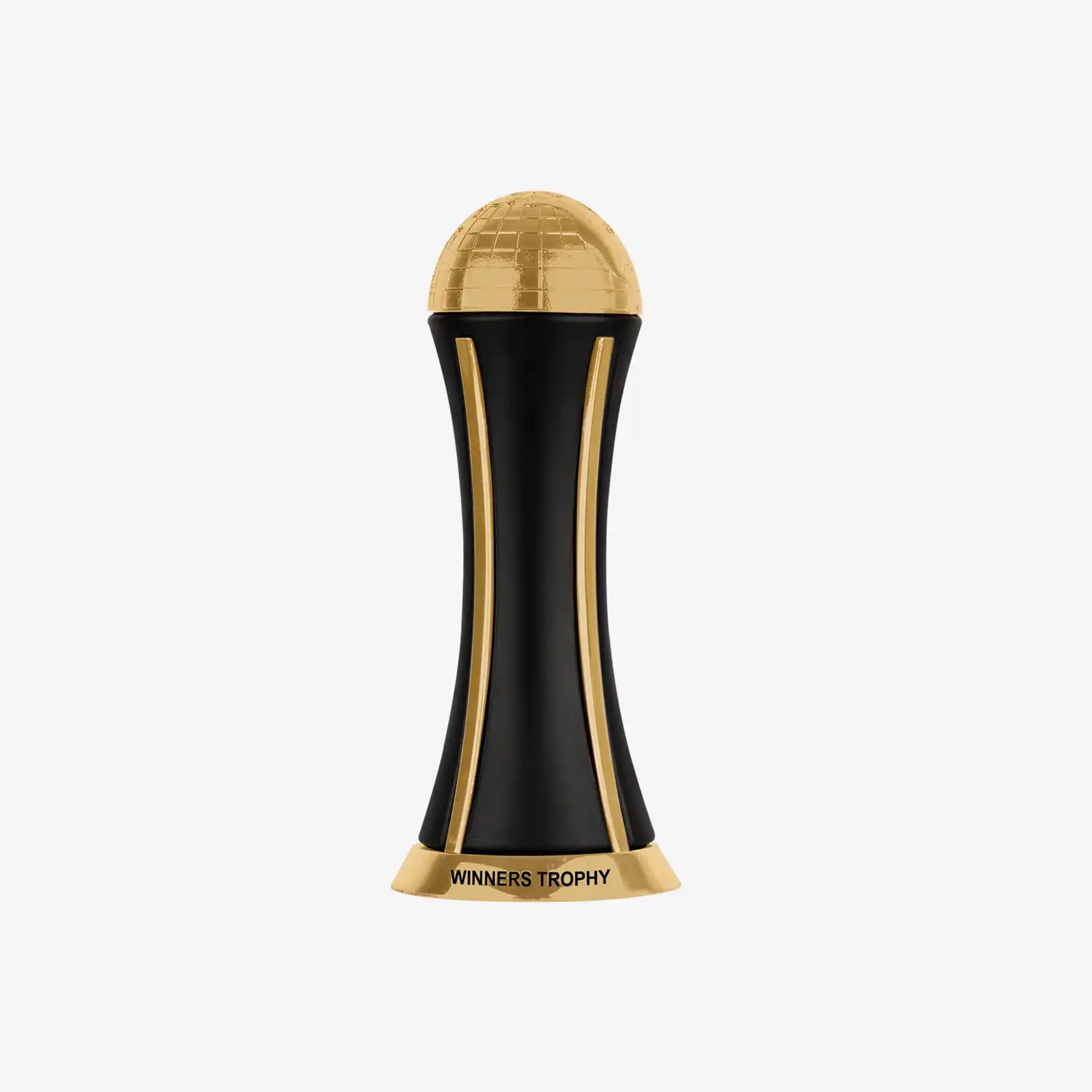 Black and gold winners trophy with globe-shaped top on white background