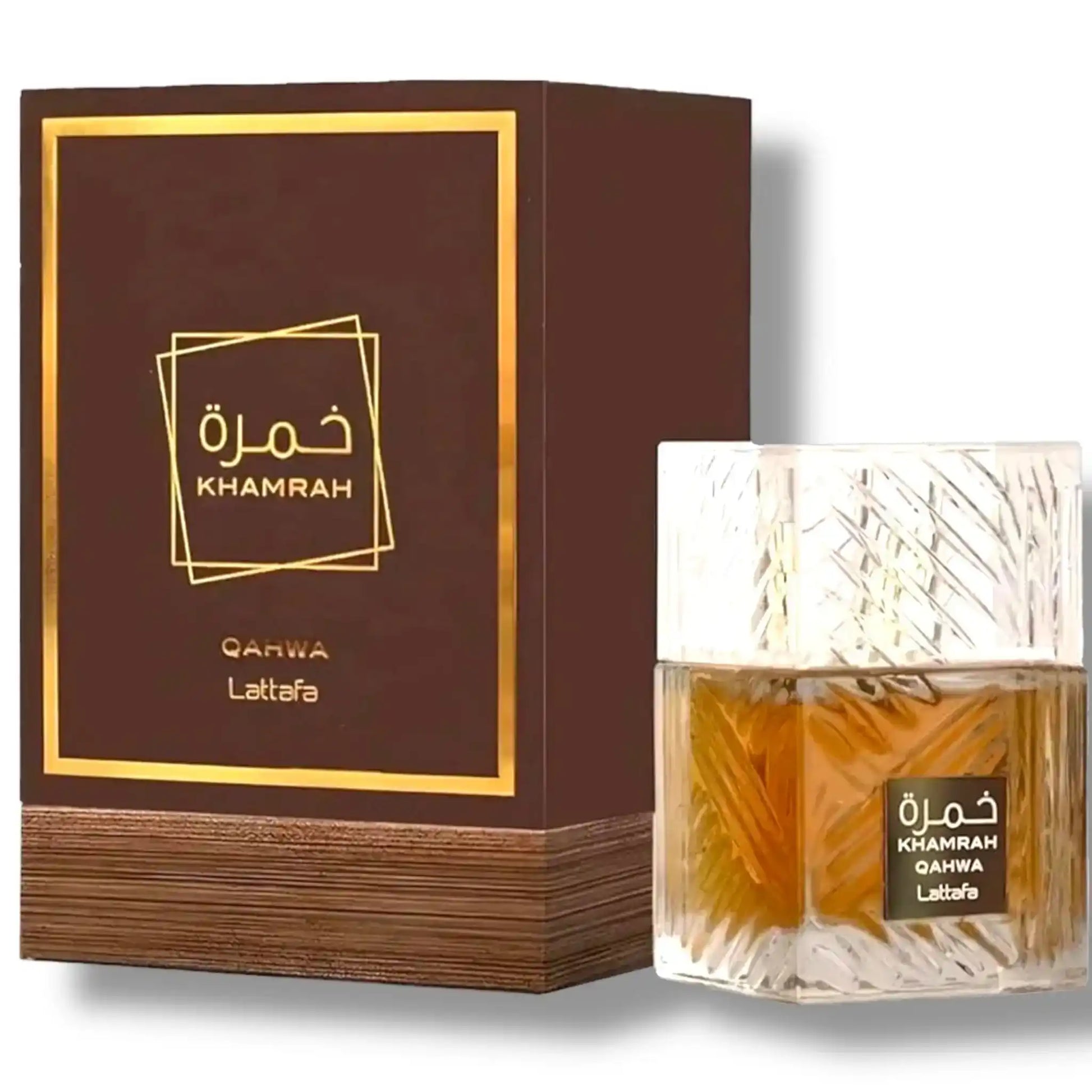 Khamrah Qahwa Lattafa perfume with brown and gold box and textured glass bottle