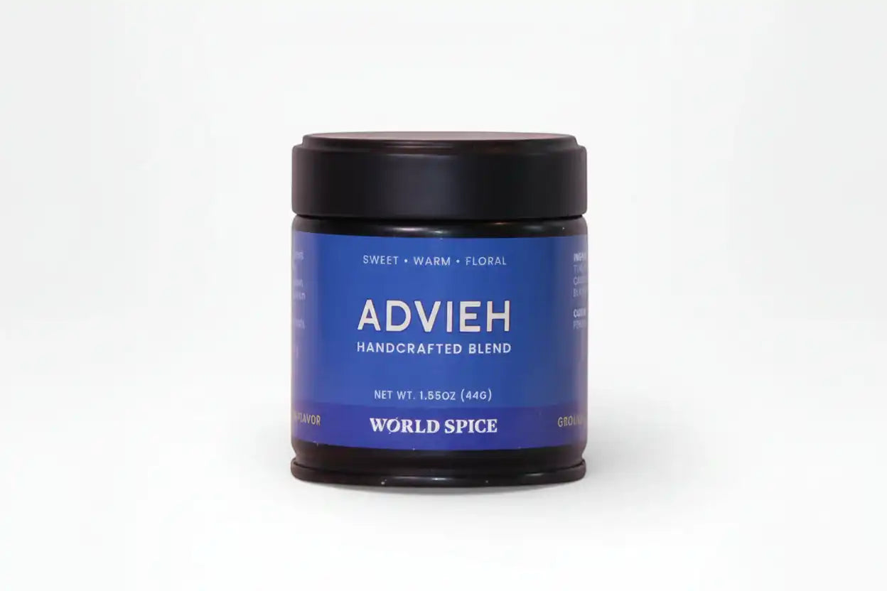 Advieh handcrafted spice blend, sweet warm floral Middle Eastern seasoning in blue jar