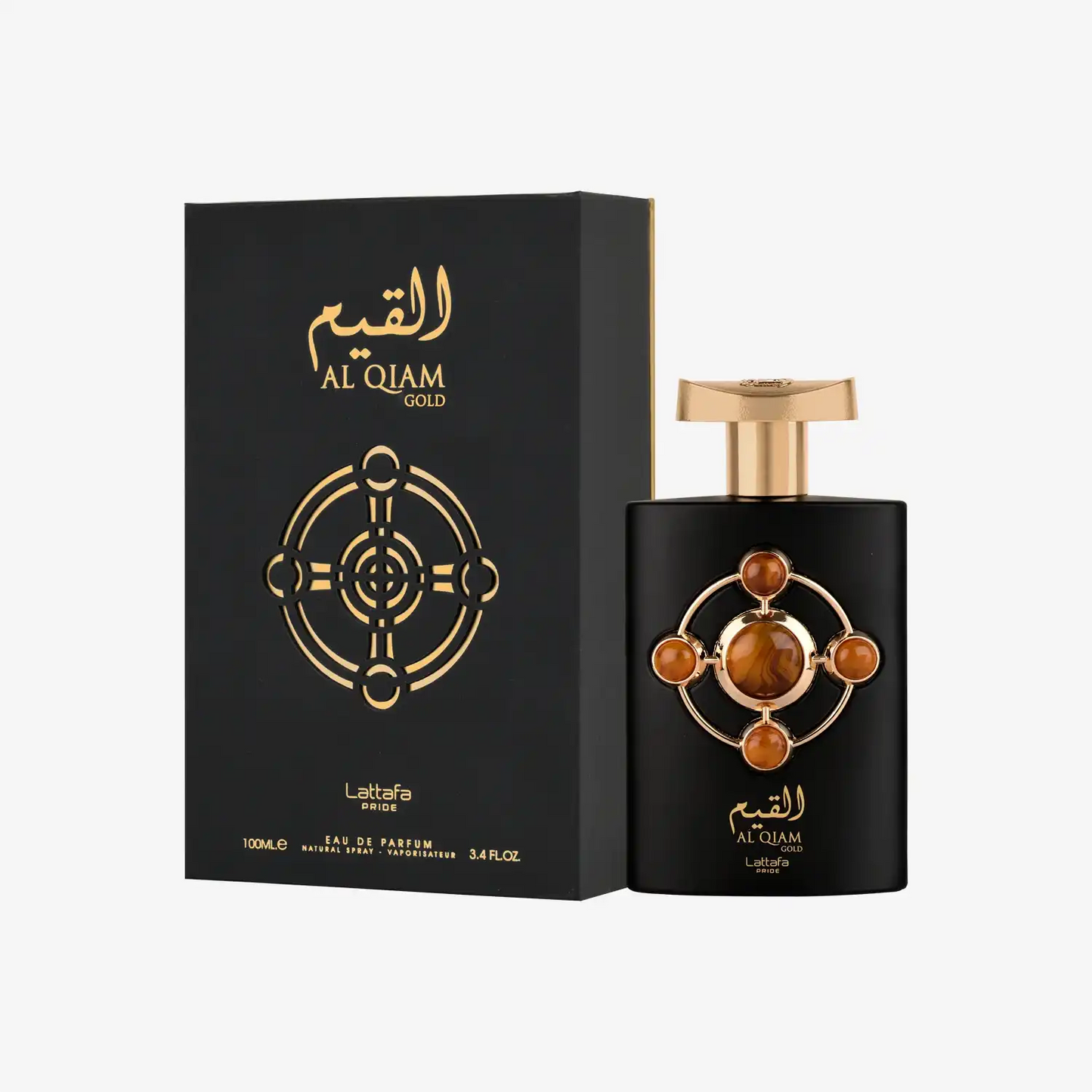 Al Qiam Gold perfume bottle and box, black with gold Arabic design accents, luxury fragrance