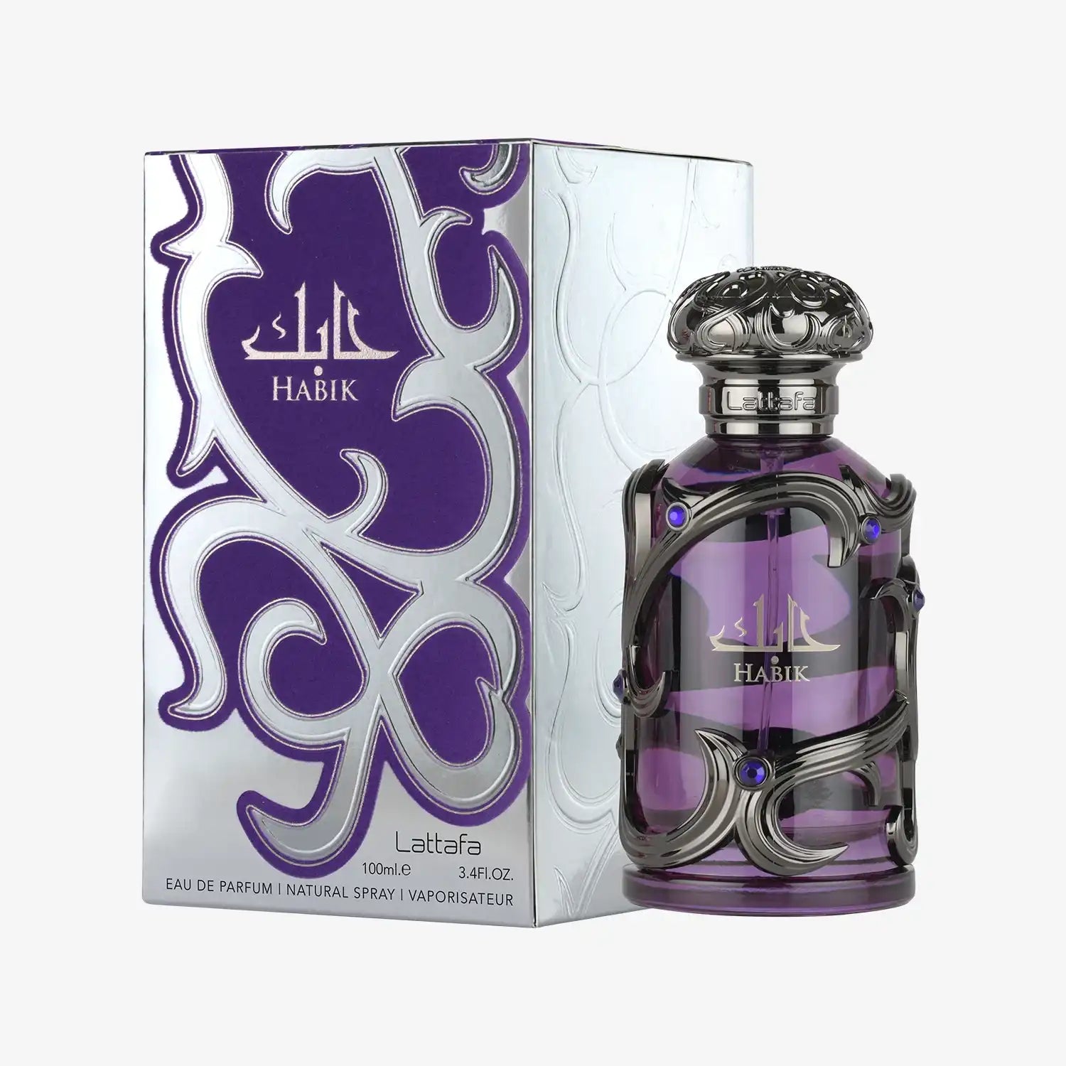 Purple Lattafa Habib eau de parfum bottle with ornate silver design and matching box