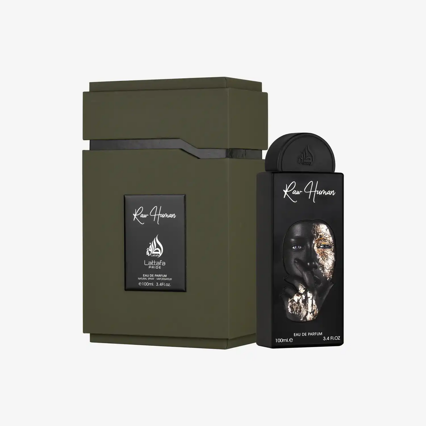 Lattafa Pride Raw Human Eau de Parfum bottle and olive green box, 100ml Middle Eastern fragrance