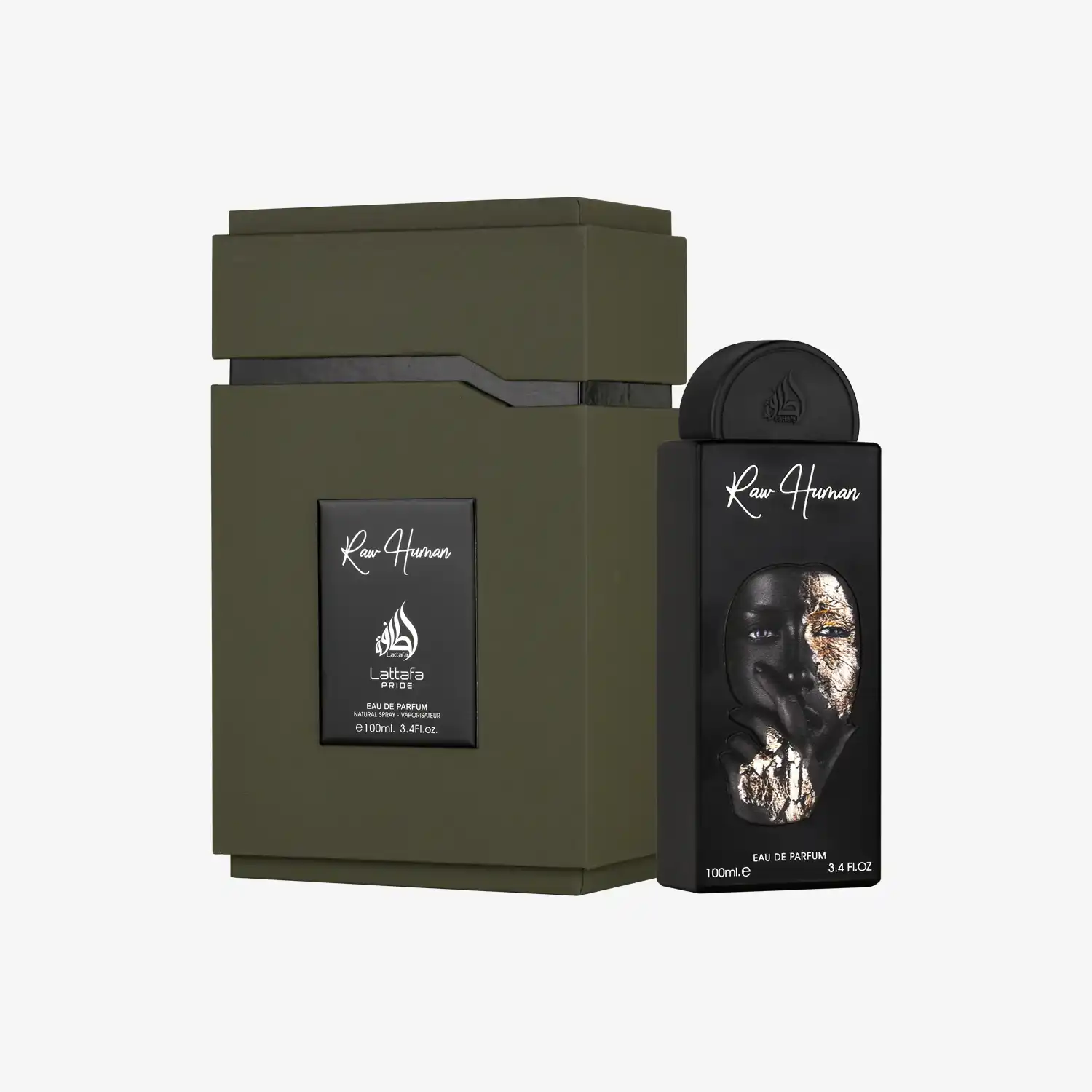 Lattafa Pride Raw Human Eau de Parfum bottle and olive green box, 100ml Middle Eastern fragrance