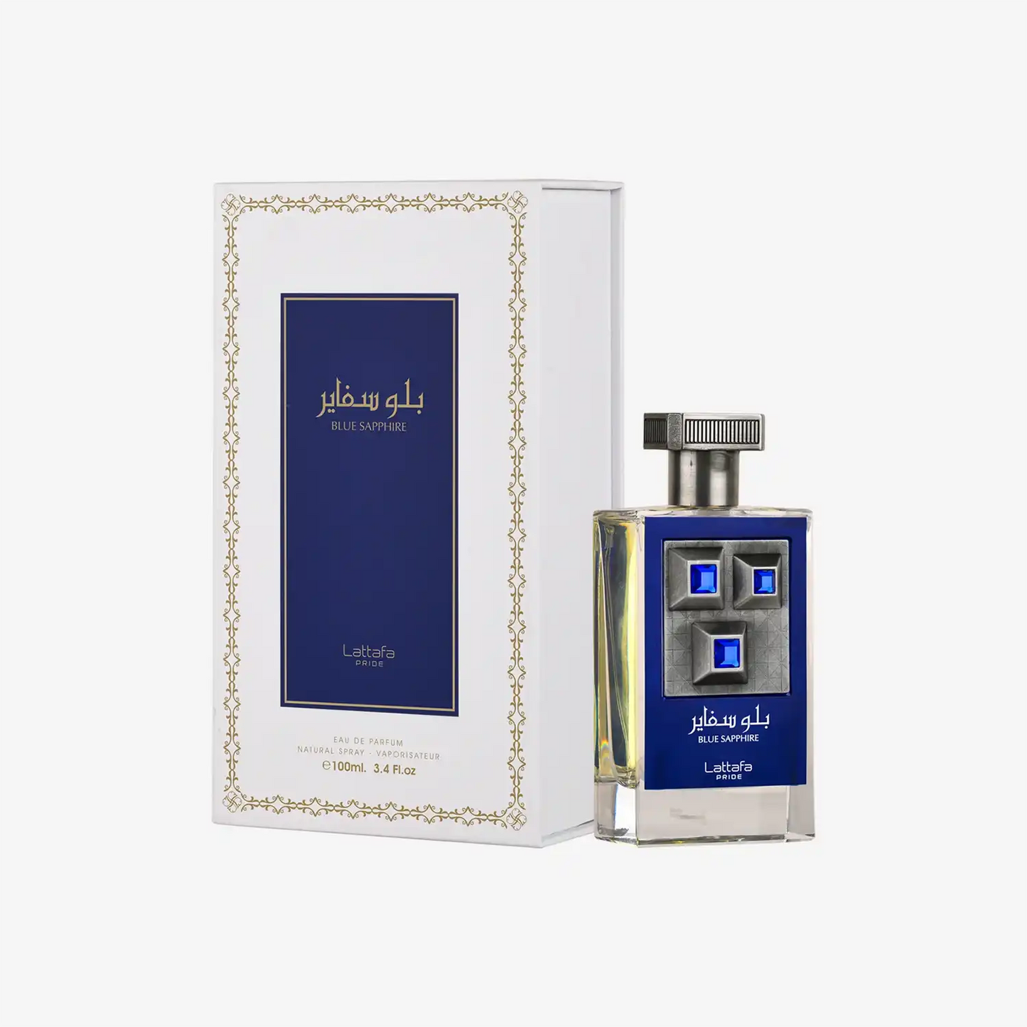 Lattafa Blue Sapphire perfume bottle with decorative blue accents and matching box