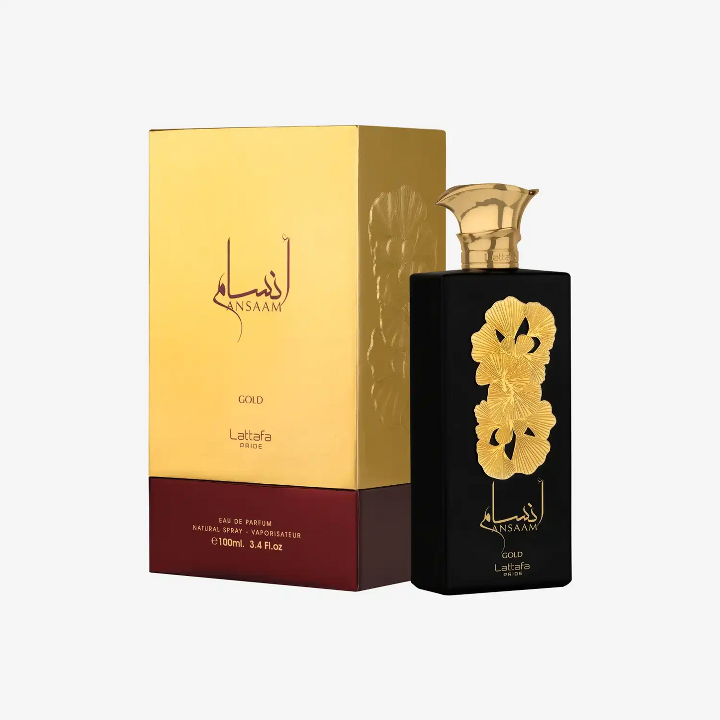 Lattafa Pride Ansaam Gold perfume bottle with gold floral design and matching box