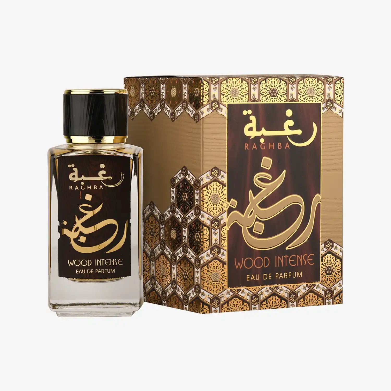 Raghba Wood Intense eau de parfum bottle and gold patterned box with Arabic design