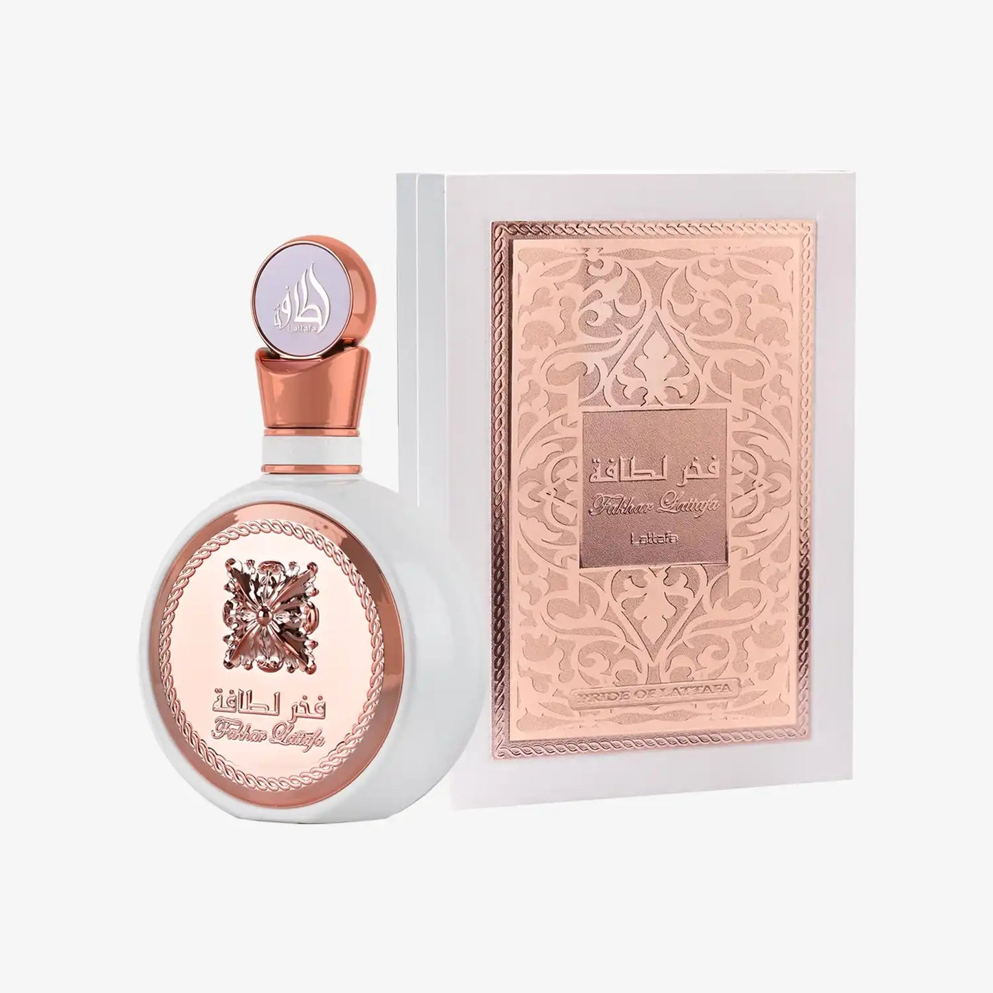 Elegant Middle Eastern perfume bottle with rose gold details and ornate packaging