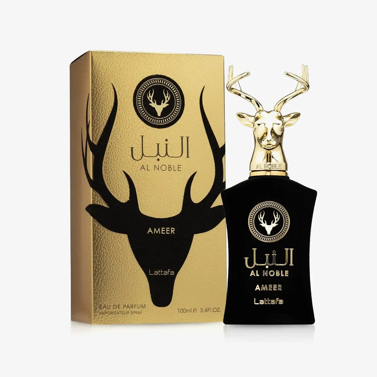 Lattafa Al Noble Ameer perfume bottle with gold deer head and matching gold box