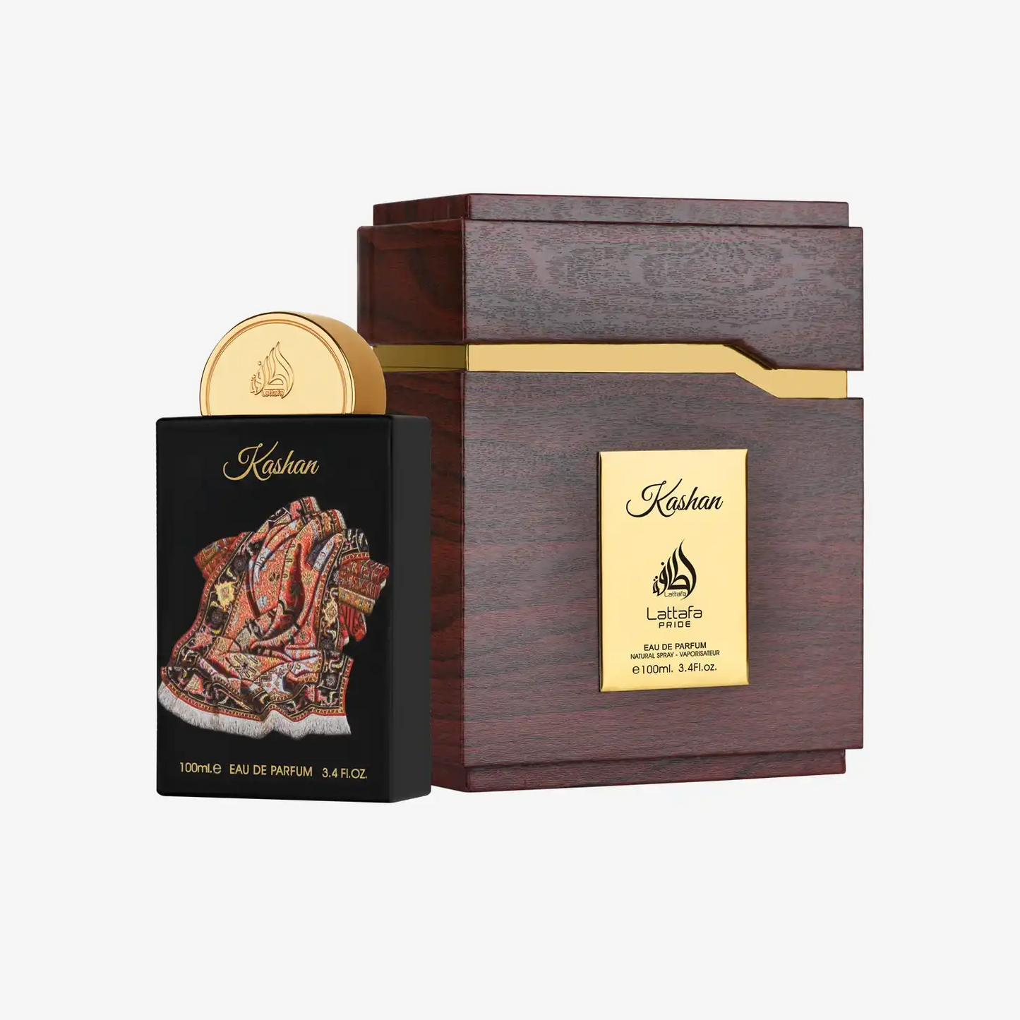 Lattafa Kashan perfume bottle with ornate carpet design and decorative wooden box
