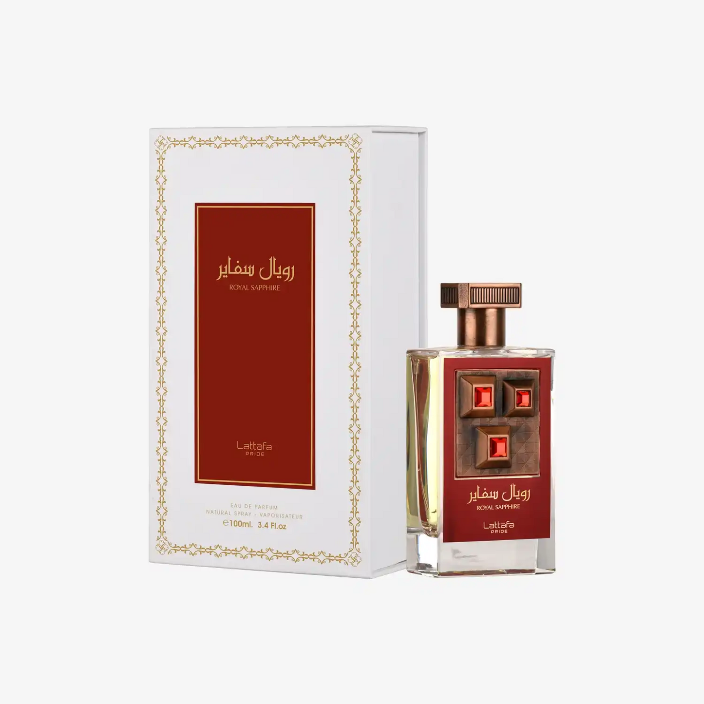 Lattafa Pride Royal Sapphire perfume bottle and box, Middle Eastern fragrance product