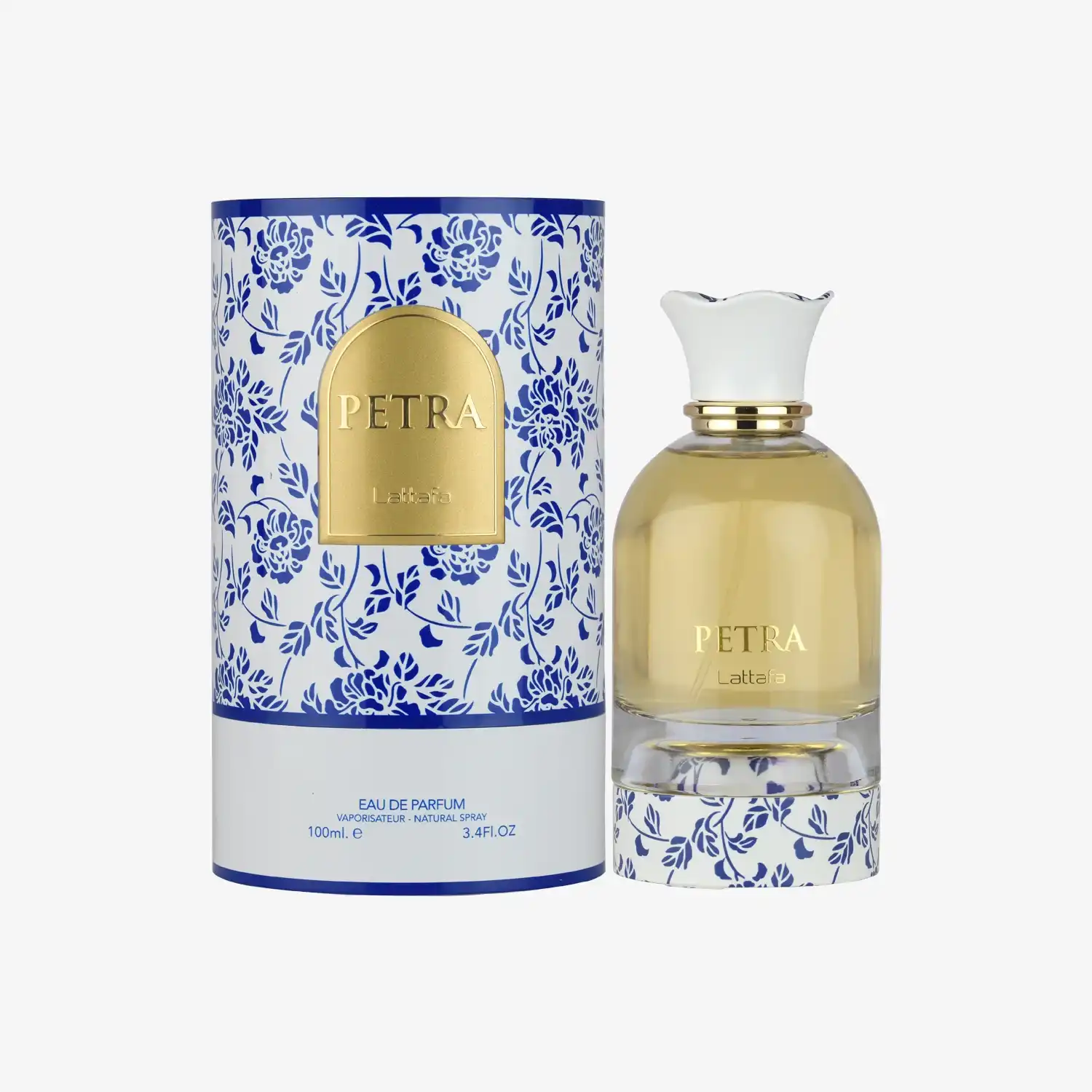 PETRA Eau de Parfum bottle with ornate blue floral box, Middle Eastern fragrance, 100ml