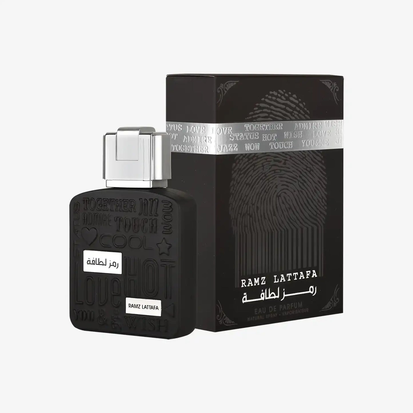 Ramz Lattafa Eau de Parfum black bottle and box with Arabic and English text