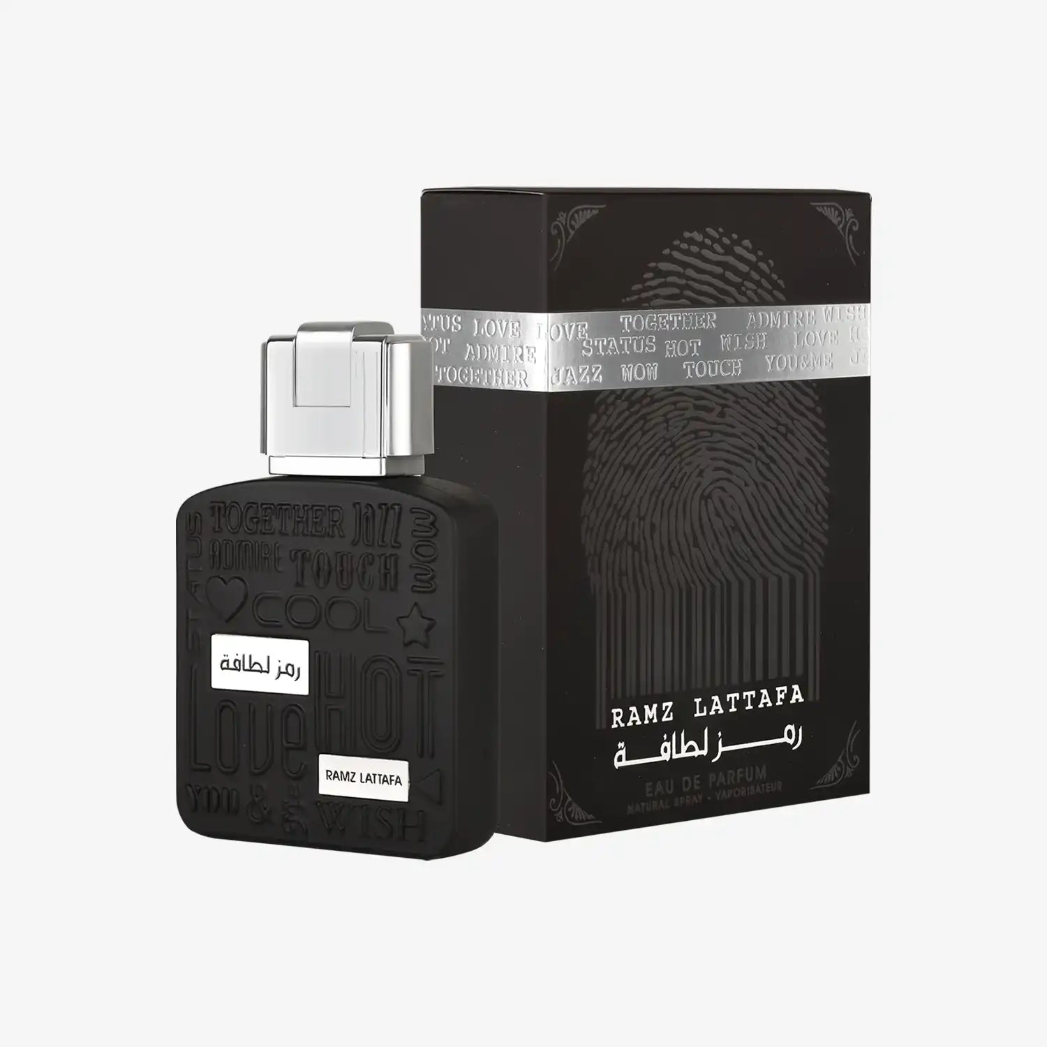 Ramz Lattafa Eau de Parfum black bottle and box with Arabic and English text
