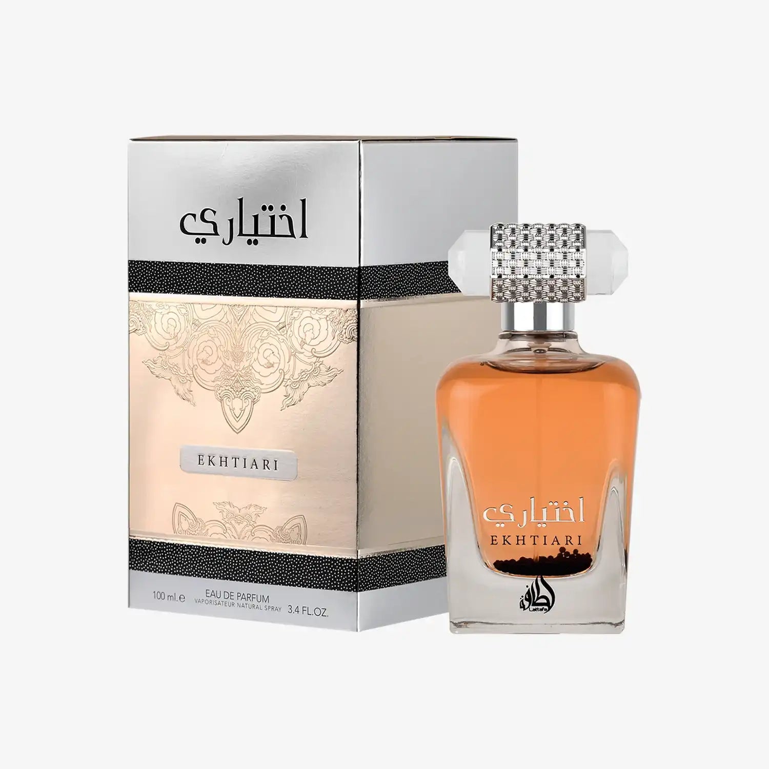 Ekhtiari Arabic perfume bottle and gold box with ornate design, premium Middle Eastern fragrance