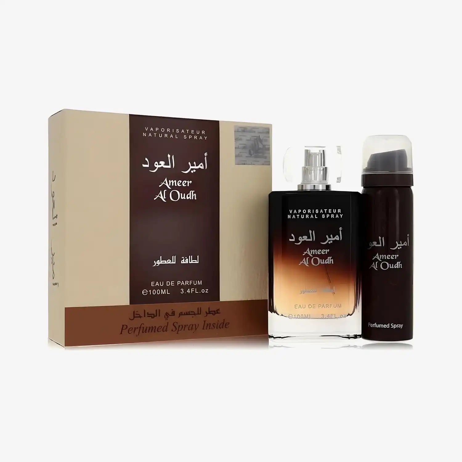 Ameer Al Oudh perfume and spray set with box, featuring elegant Arabic and English text.