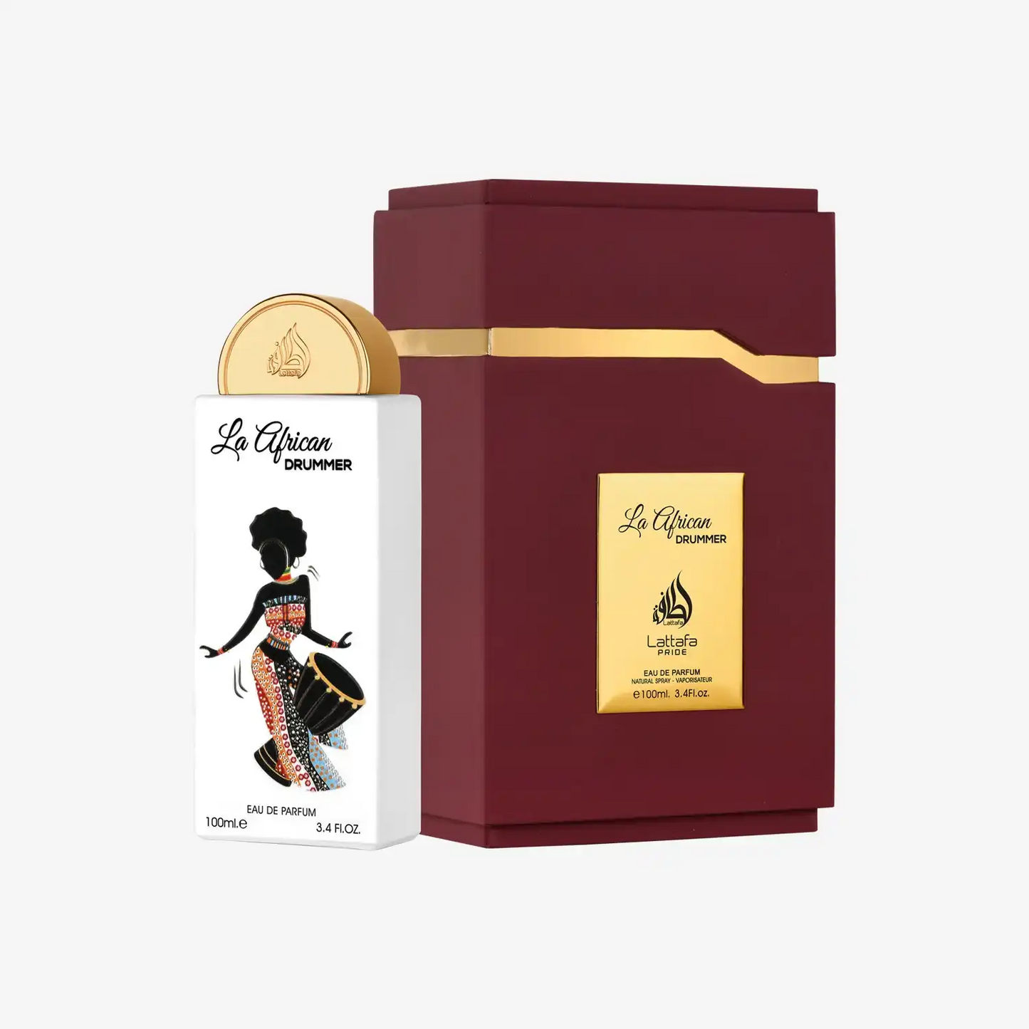 La African Drummer perfume bottle and maroon gold-accented gift box, Middle Eastern fragrance