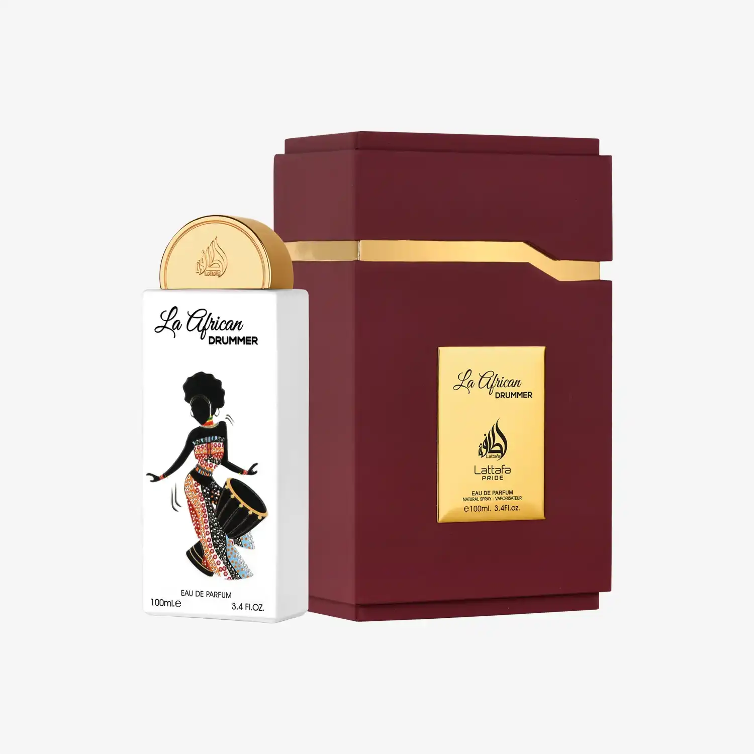 La African Drummer perfume bottle and maroon gold-accented gift box, Middle Eastern fragrance