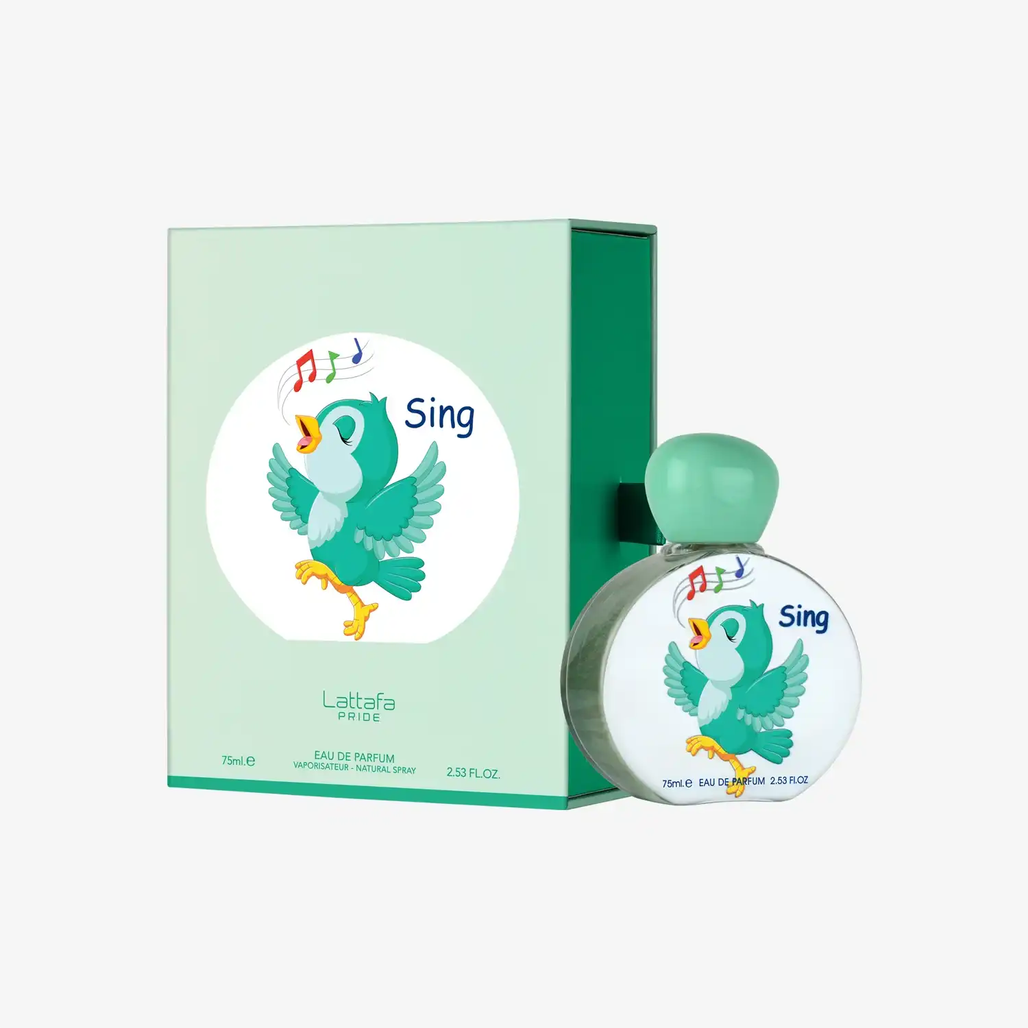 Mint green Sing perfume bottle and box with cartoon singing bird illustration