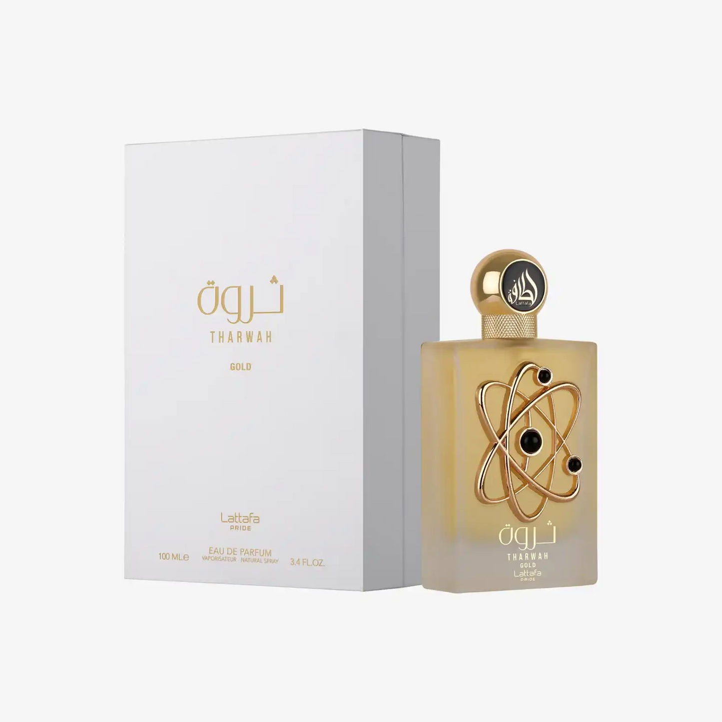 Lattafa Tharwah Gold perfume bottle and box with elegant gold design on white background