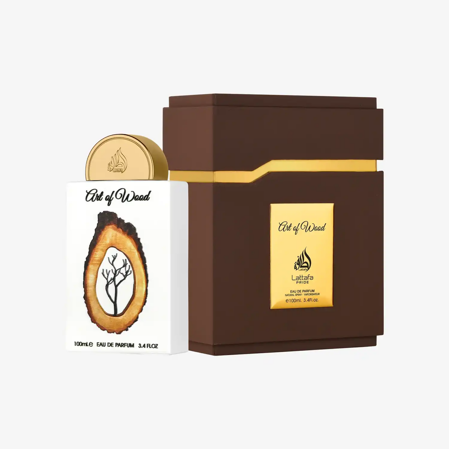 Lattafa Art of Wood perfume bottle with tree design and matching brown and gold box