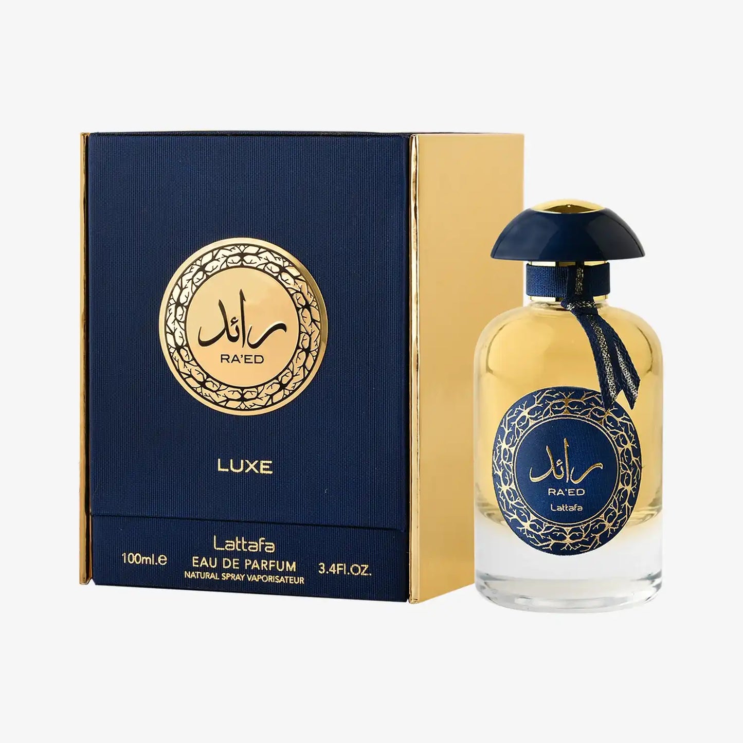 Lattafa Ra'ed Luxe Eau de Parfum bottle and box, blue and gold Arabic design, 100ml