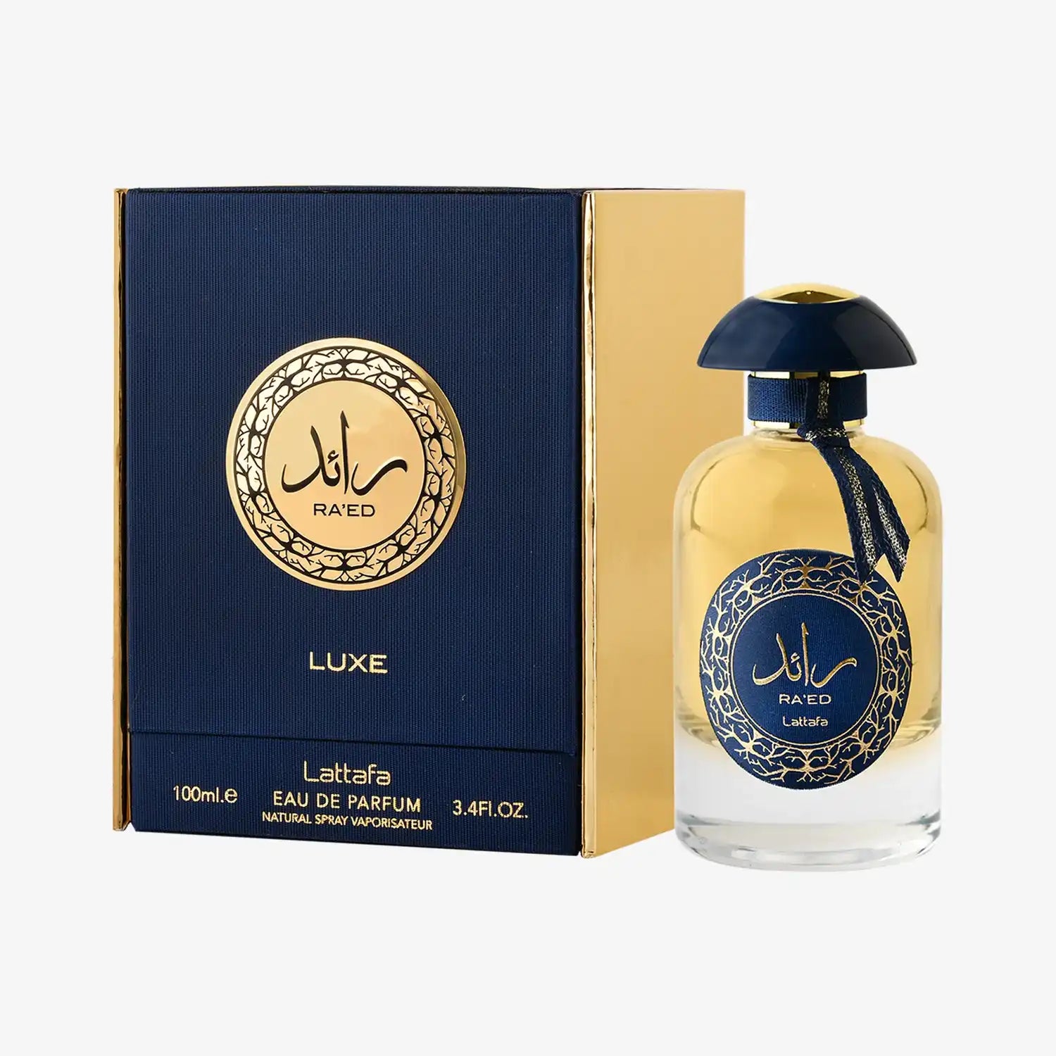 Lattafa Ra'ed Luxe Eau de Parfum bottle and box, blue and gold Arabic design, 100ml