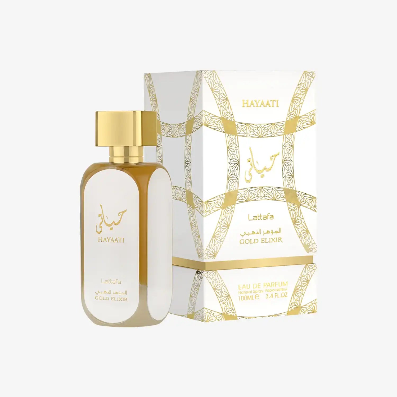 Lattafa Hayaati Gold Elixir perfume bottle and box, premium Middle Eastern fragrance