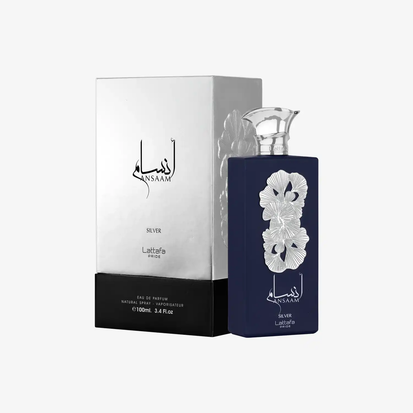Lattafa Ansaaam Silver perfume bottle with floral silver design and matching box