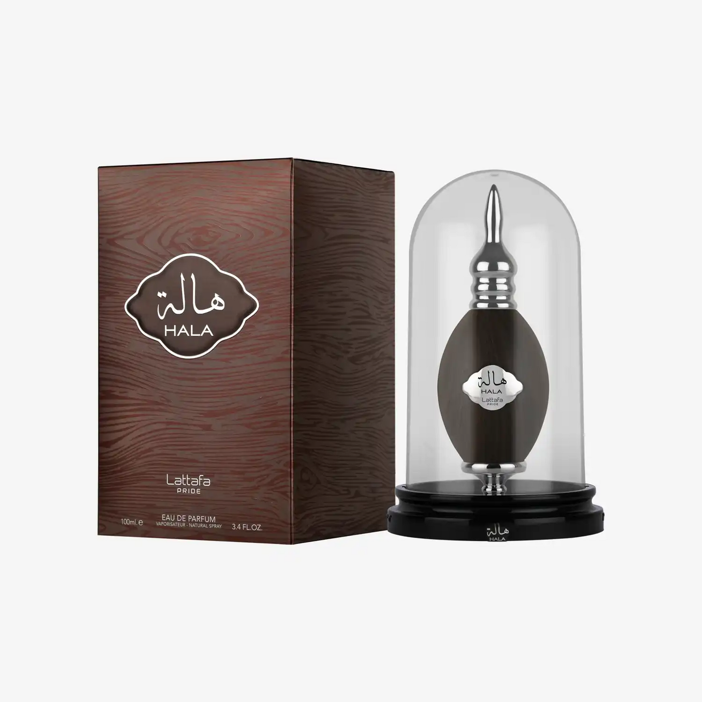 Lattafa Pride Hala eau de parfum in decorative glass dome with brown gift box
