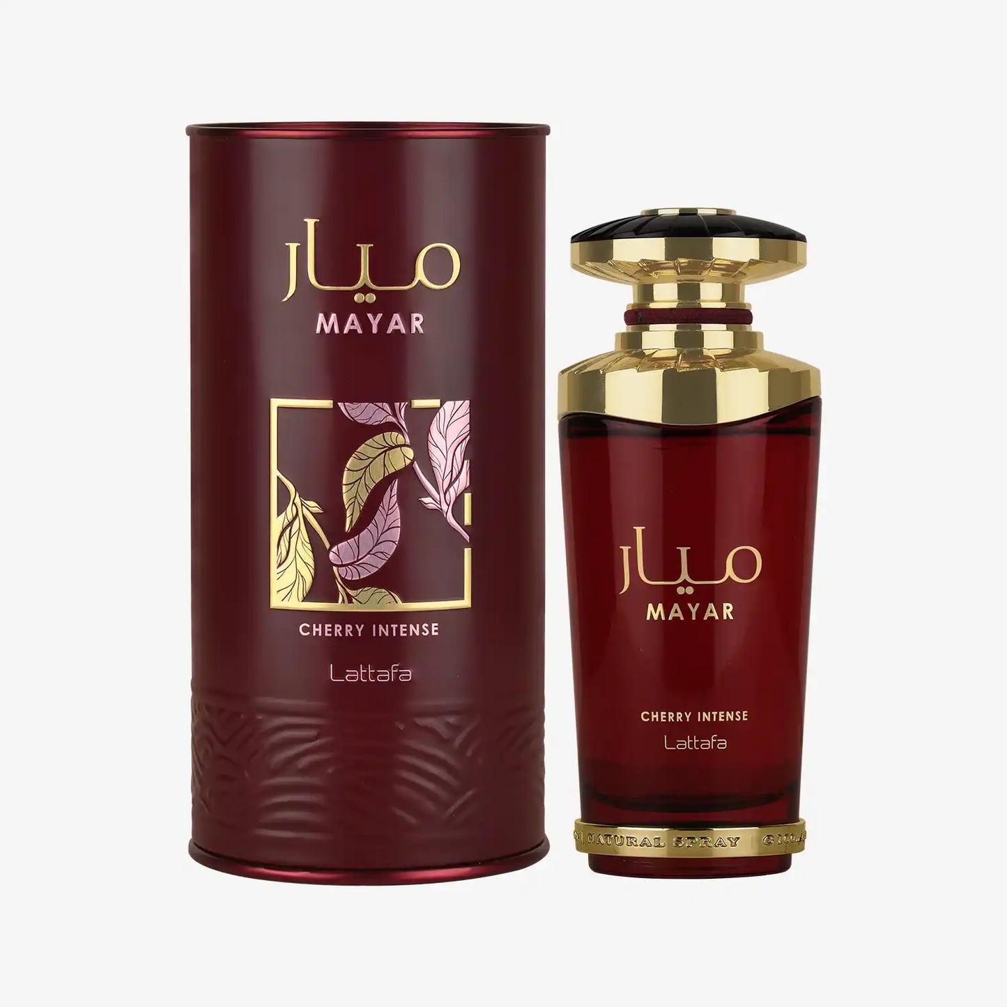 Lattafa Mayar Cherry Intense perfume bottle and packaging with gold accents